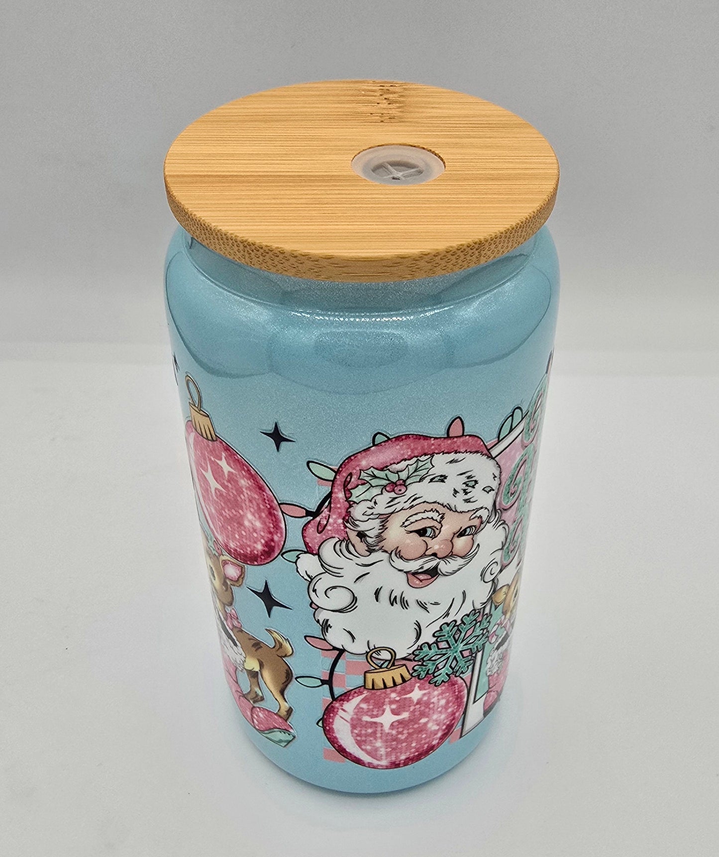 Santa Christmas Blue Shimmer 16 Oz Libby Cup
