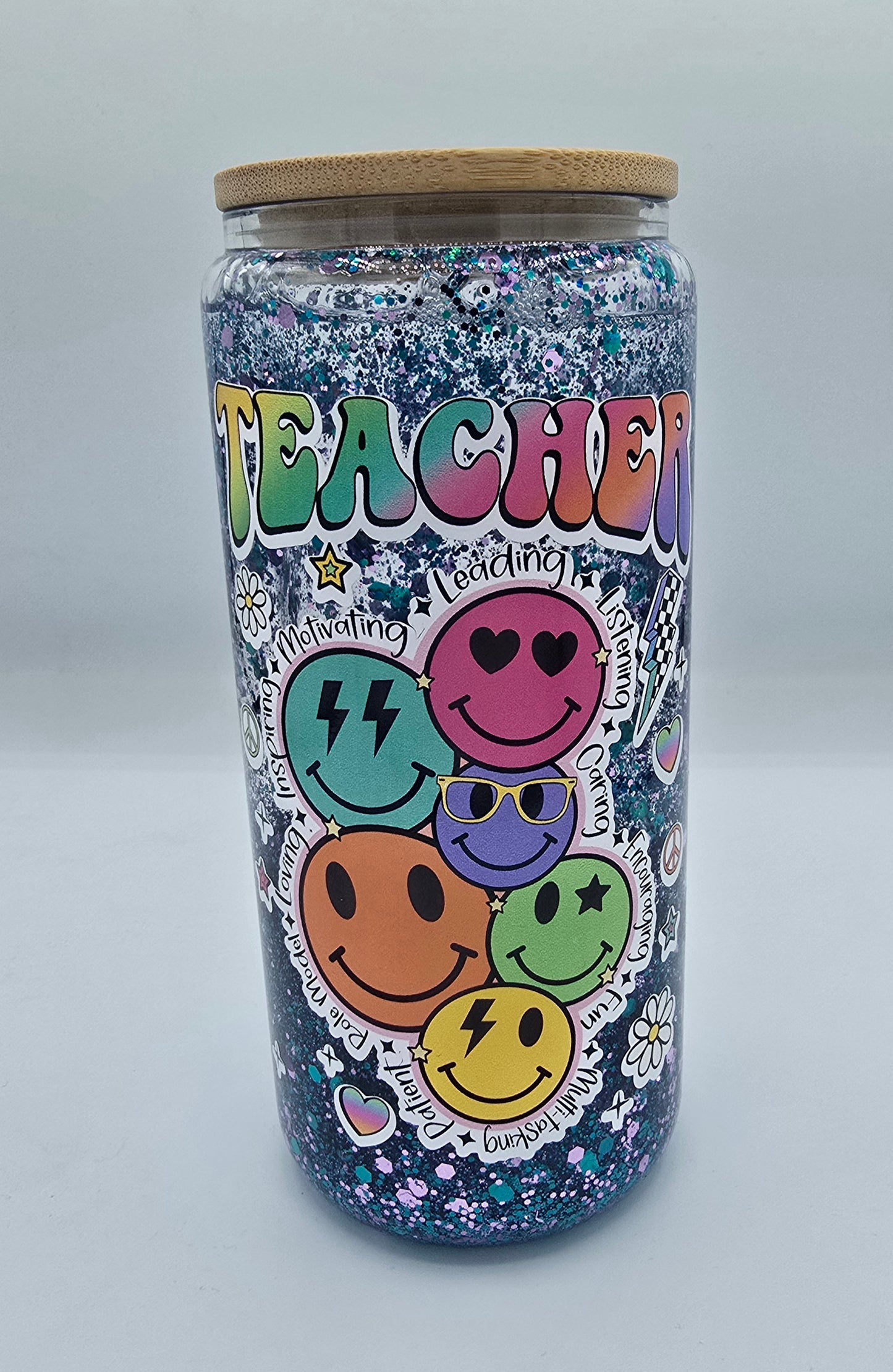 16 Oz Teacher Appreciation Double Wall Glass Glitter Cup