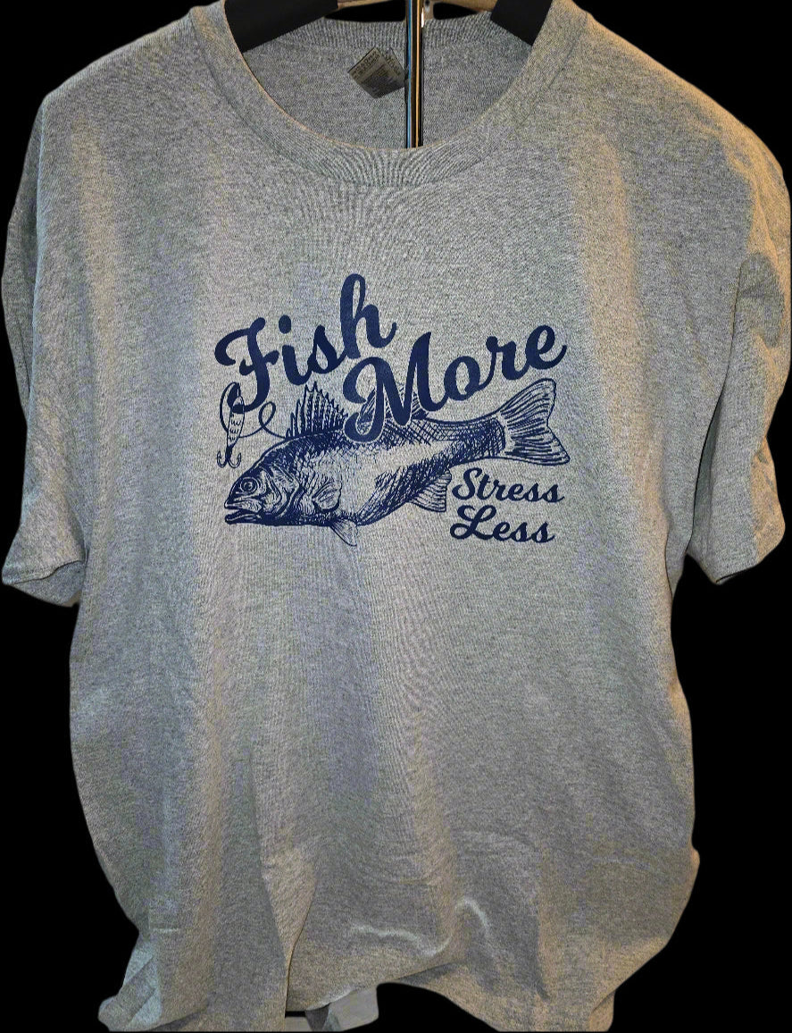 Fish More Stress Less Gray T-Shirt