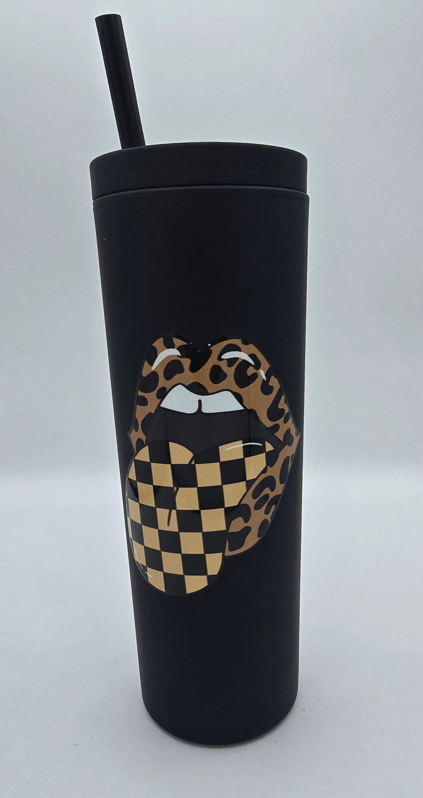 18 Oz Tumbler Black Matte Lips and Checkered Tongue