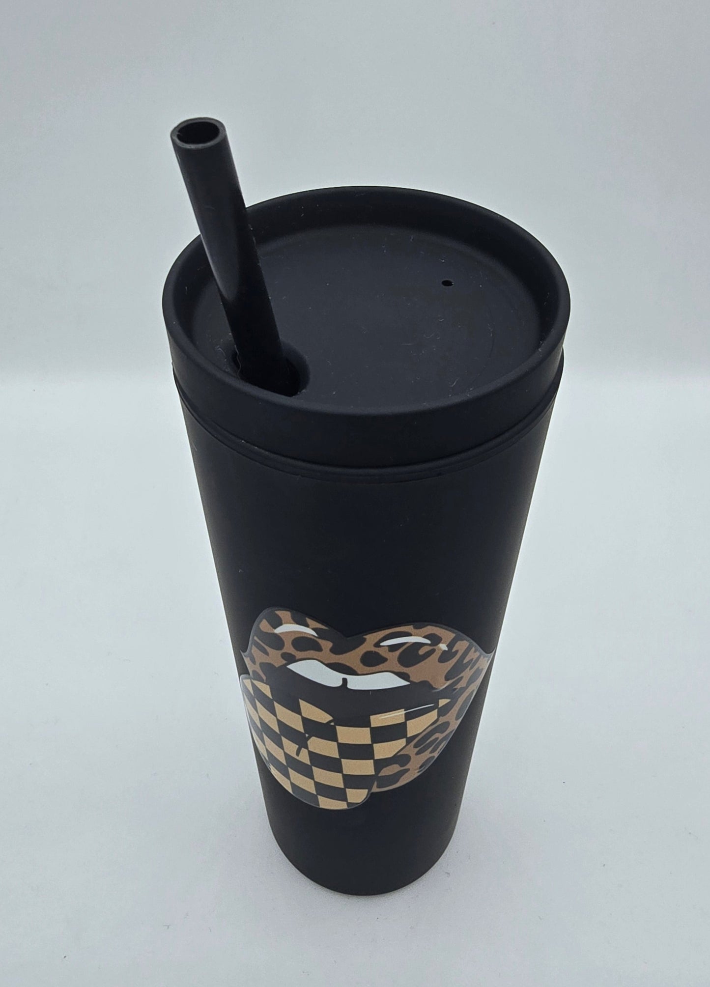 18 Oz Tumbler Black Matte Lips and Checkered Tongue