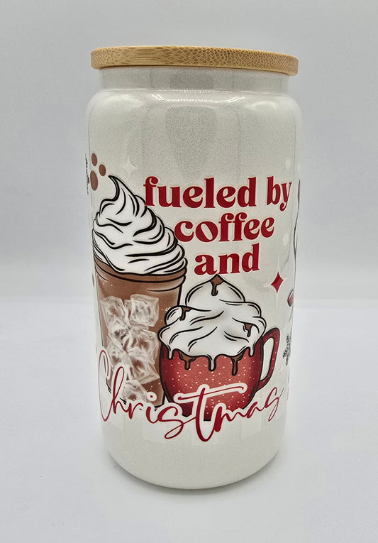 Fueled by Coffee and Christmas White Shimmer 16 Oz Libby Cup