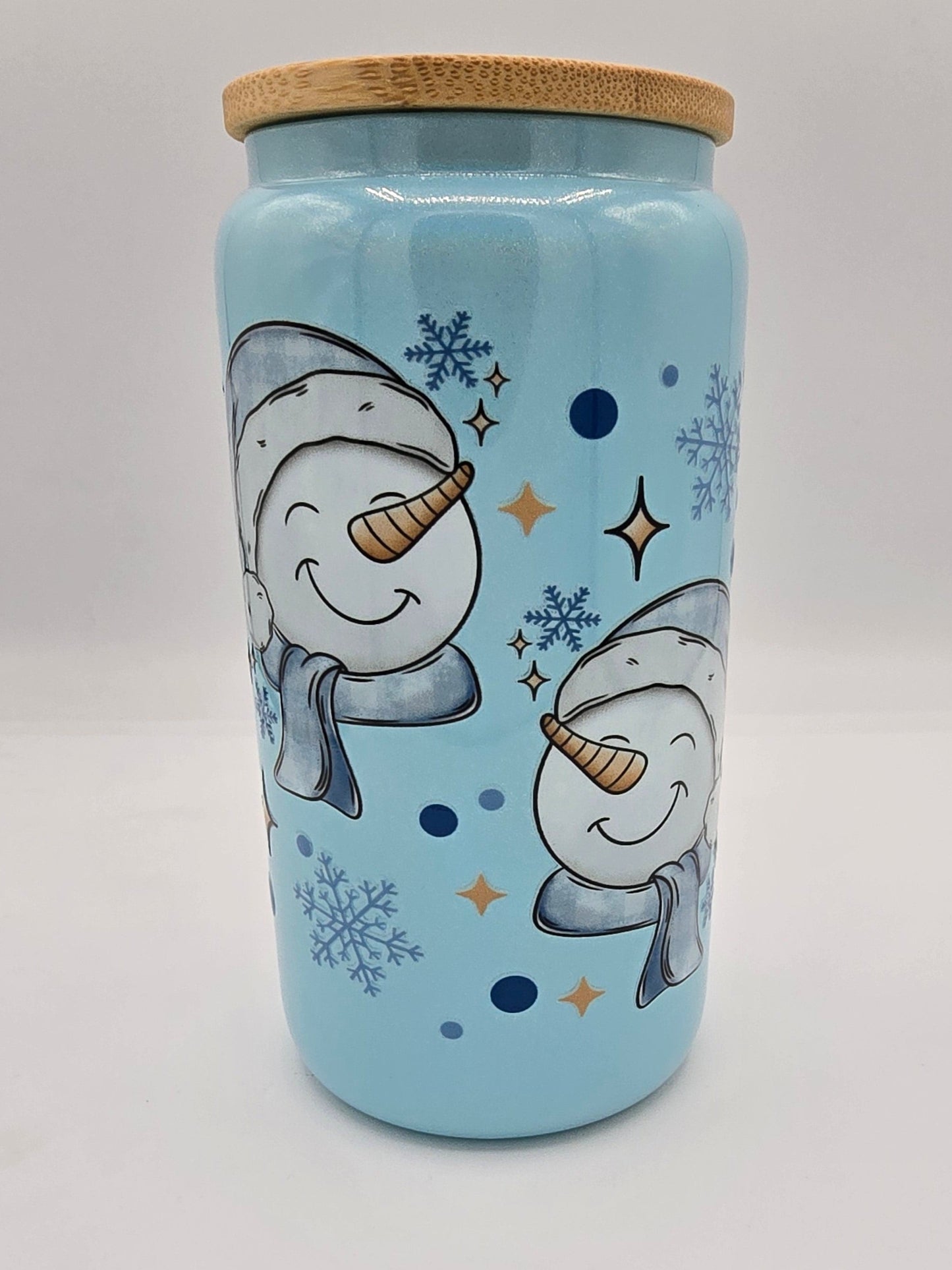 Happy Snow Man Blue Shimmer 16 0z Libby Cup