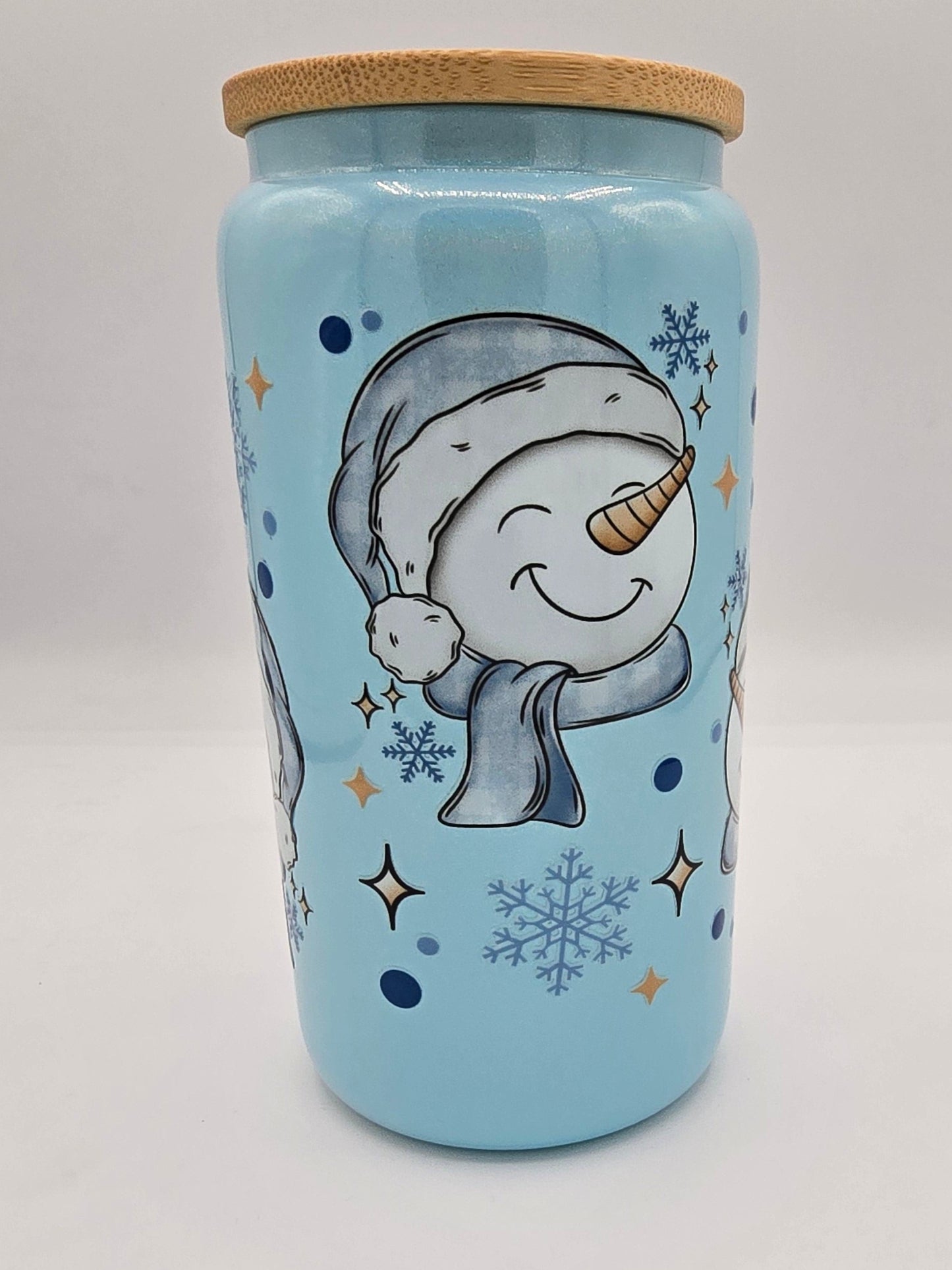 Happy Snow Man Blue Shimmer 16 0z Libby Cup