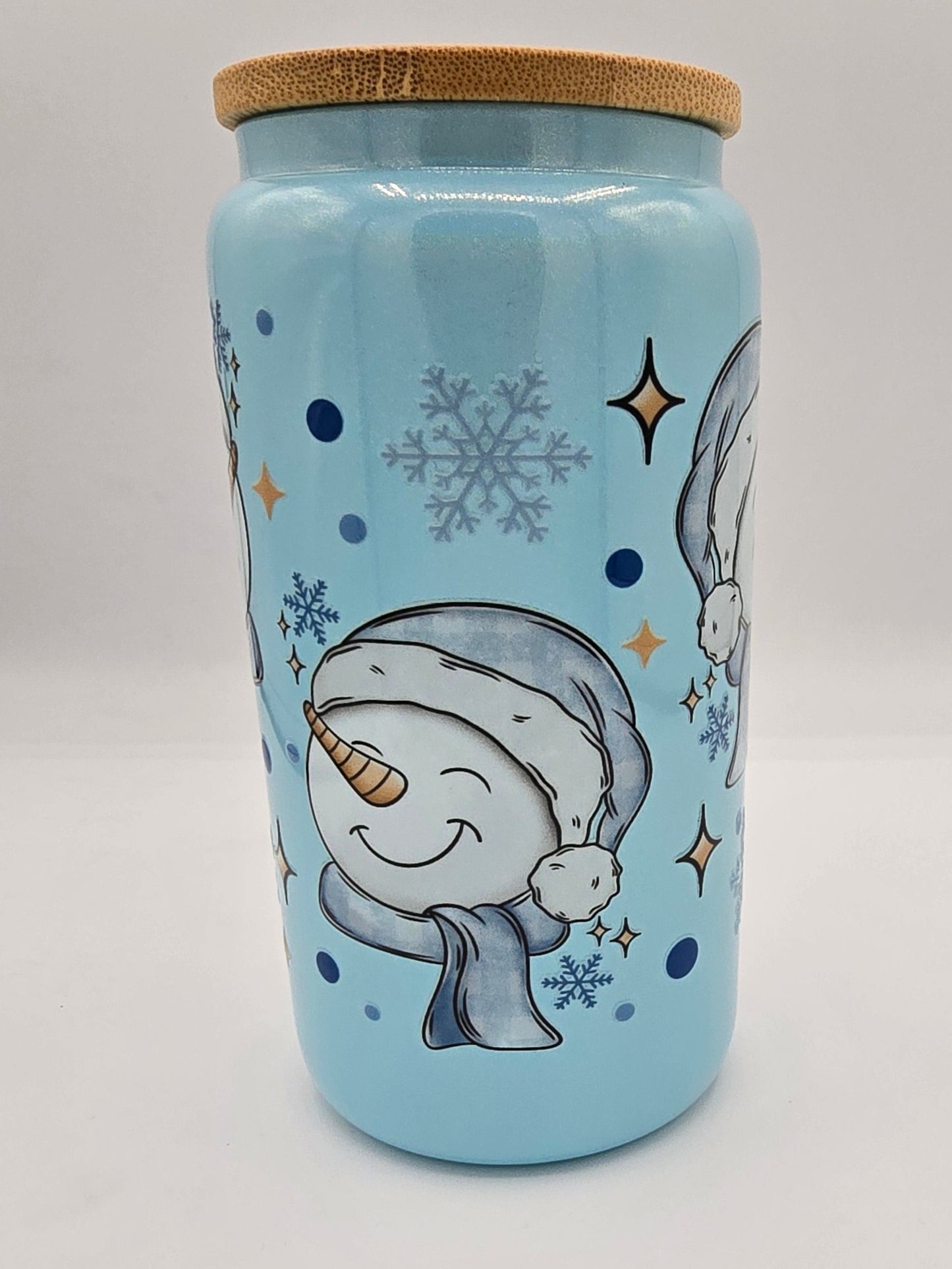 Happy Snow Man Blue Shimmer 16 0z Libby Cup