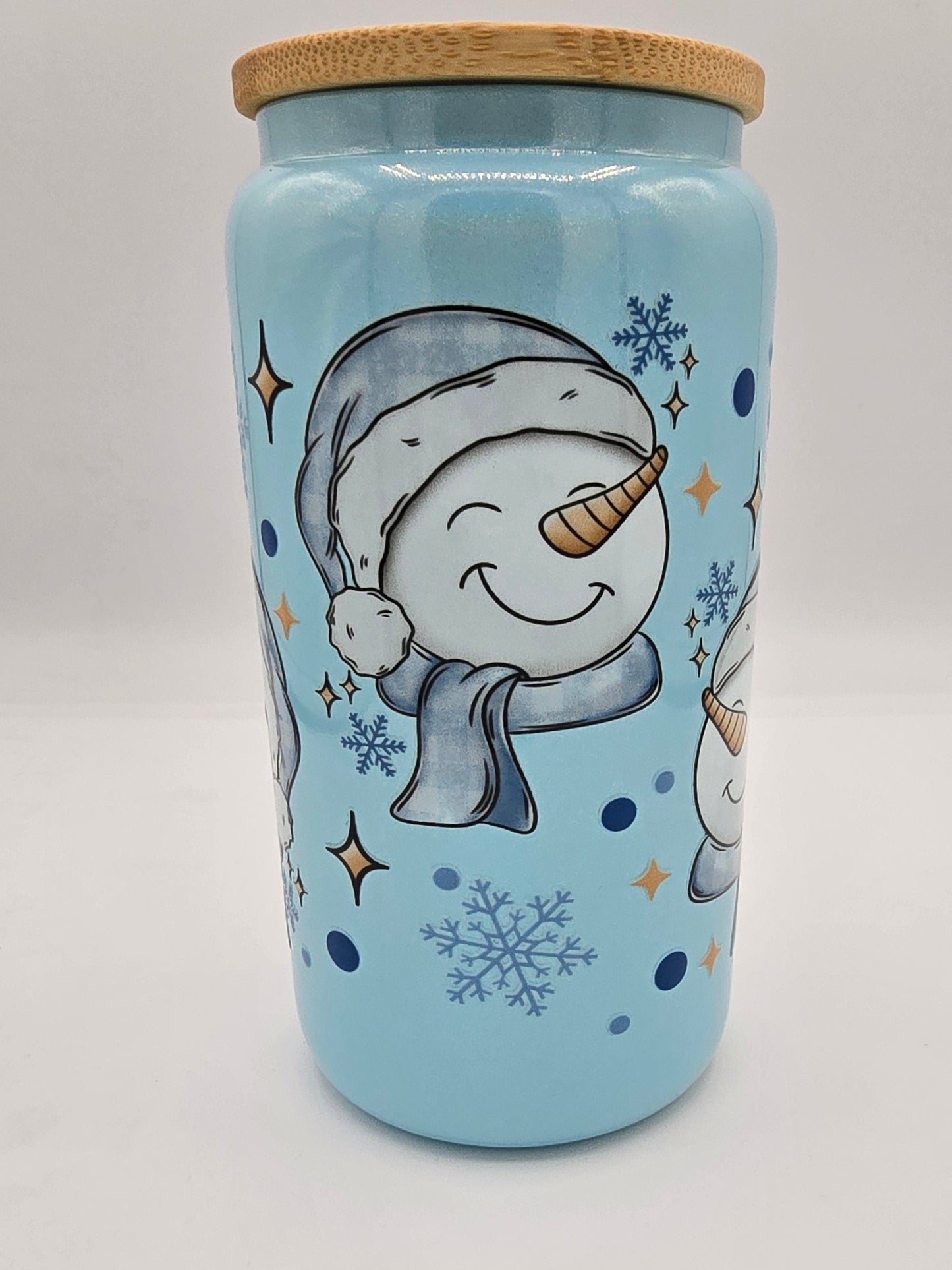 Happy Snow Man Blue Shimmer 16 0z Libby Cup