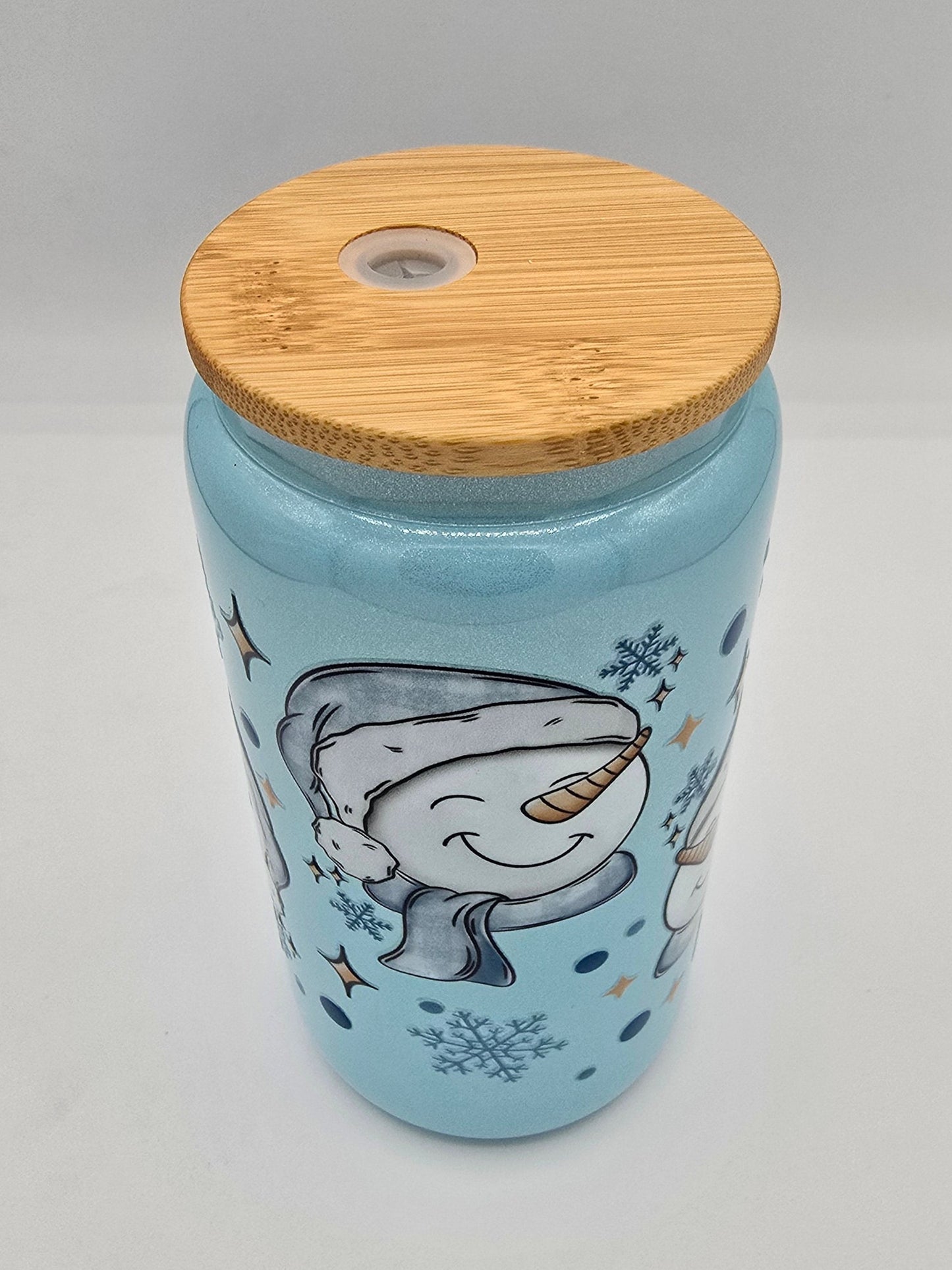 Happy Snow Man Blue Shimmer 16 0z Libby Cup