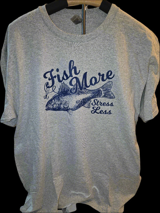 Fish More Stress Less Gray T-Shirt